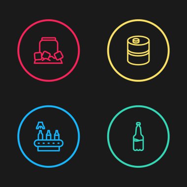 Konveyör bandı, bira, plastik şişe, metal fıçı ve soğuk kutu ikonu. Vektör