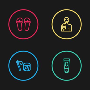 Tahta baltayı kütüğe, krema ya da losyon kozmetik tüpüne sauna ve terlik ikonuna yerleştir. Vektör