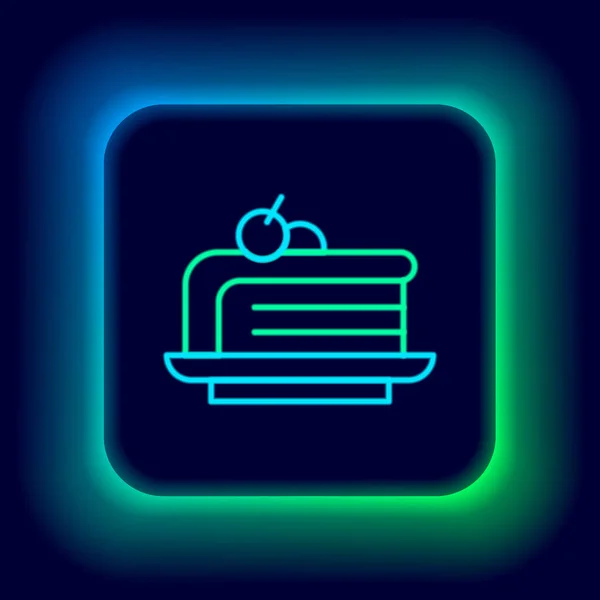 Linha Néon Brilhante Piece Cake Icon Isolated Black Background Feliz — Vetor de Stock