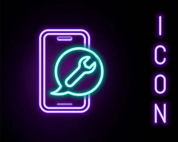 Gloeiende Neon Lijn Mobiele Telefoon Met Moersleutel Pictogram Geïsoleerd Zwarte — Stockvector