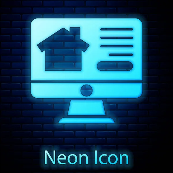 Glowing Neon Online Real Estate House Monitor Icon Isolated Brick — Archivo Imágenes Vectoriales