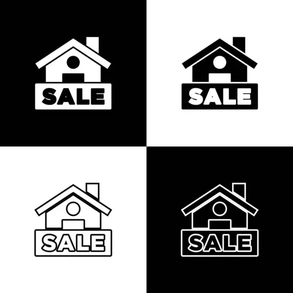 Set Hanging Sign Text Sale Icon Isolated Black White Background — Stock Vector