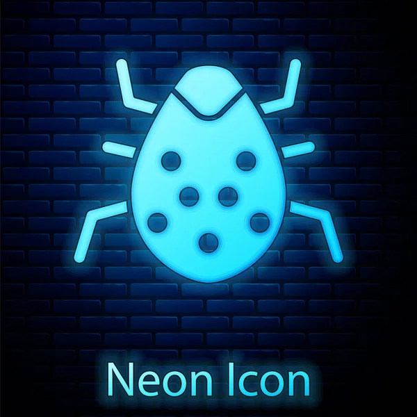 Brilhante Neon Ícone Conceito Bug Sistema Isolado Fundo Parede Tijolo — Vetor de Stock