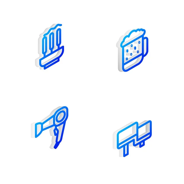 Set Isometric Line Dřevěný Pivní Hrnek Kadidlo Tyčinky Vysoušeč Vlasů — Stockový vektor