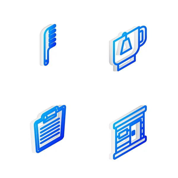 Set Isometric Line Šálek Čaje Čajovým Sáčkem Kartáčem Vlasy Koupelnovými — Stockový vektor