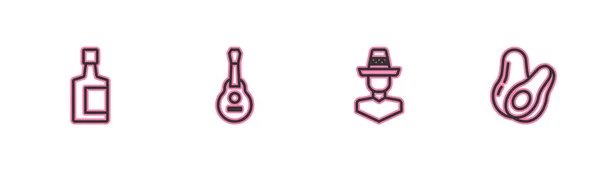 Встановити Лінію Пляшки Текіли Мексиканського Чоловіка Сомбреро Гітари Фруктової Ікони — стоковий вектор