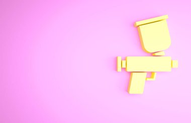 Pembe arka planda izole edilmiş sarı boya sprey tabancası ikonu. Minimalizm kavramı. 3d illüstrasyon 3B canlandırma.