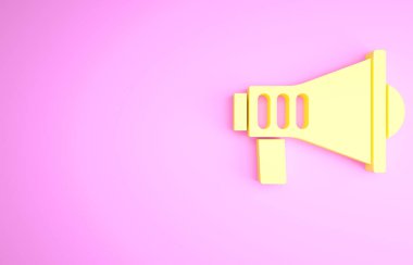Pembe arka planda izole edilmiş sarı megafon simgesi. Sözcü işareti. Minimalizm kavramı. 3d illüstrasyon 3B canlandırma.
