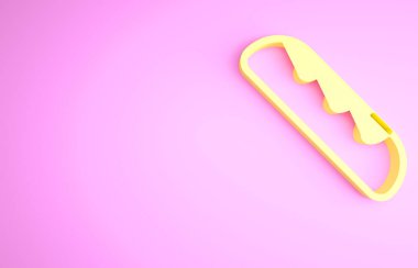 Pembe arka planda izole edilmiş sarı Fransız baget ekmek ikonu. Minimalizm kavramı. 3d illüstrasyon 3B canlandırma.