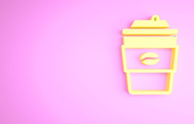 Sarı kahve fincanı pembe arka planda izole edilmiş bir ikon haline gelecek. Minimalizm kavramı. 3d illüstrasyon 3B canlandırma.