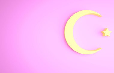 Sarı Yıldız ve Hilal - pembe arka planda izole edilmiş İslam ikonunun sembolü. Din sembolü. Minimalizm kavramı. 3d illüstrasyon 3B canlandırma.