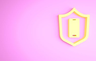 Yellow Smartphone, mobile phone with security shield icon isolated on pink background. Security, safety, protection concept. Minimalism concept. 3d illustration 3D render.