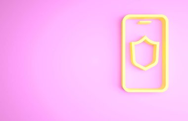 Yellow Smartphone, mobile phone with security shield icon isolated on pink background. Security, safety, protection concept. Minimalism concept. 3d illustration 3D render.