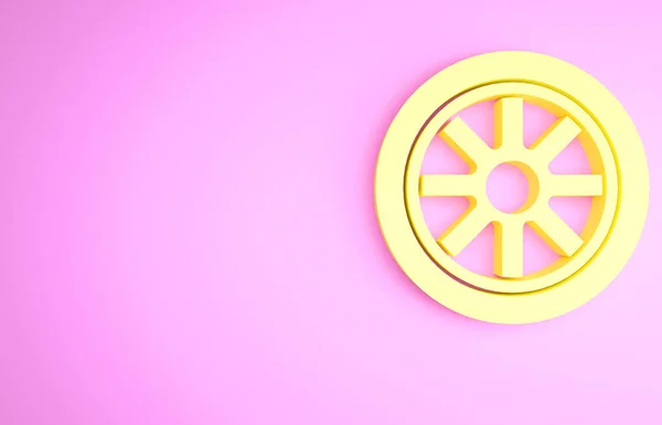 Ícone Roda Carro Amarelo Isolado Fundo Rosa Conceito Minimalismo Ilustração — Fotografia de Stock