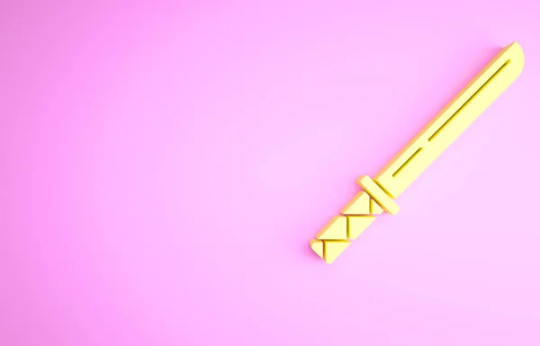黄色的日本传统喀塔那图标孤立在粉红色的背景上 日本剑最低纲领的概念 3D渲染3D插图 — 图库照片