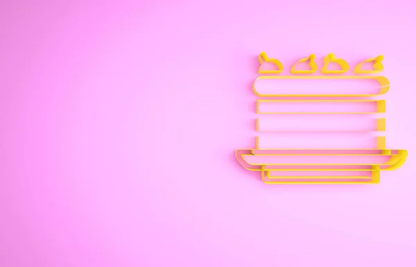 Желтый Торт Значок Изолирован Розовом Фоне Днем Рождения Концепция Минимализма — стоковое фото