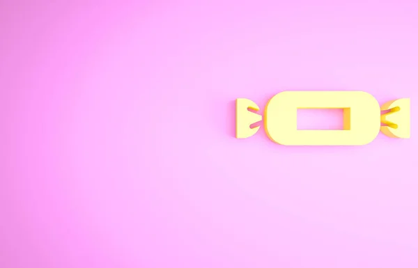 黄色的糖果图标孤立在粉红色的背景上 最低纲领的概念 3D渲染3D插图 — 图库照片