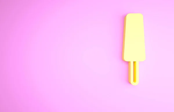 Żółte Lody Ikonie Trzymać Izolowane Różowym Tle Słodki Symbol Koncepcja — Zdjęcie stockowe