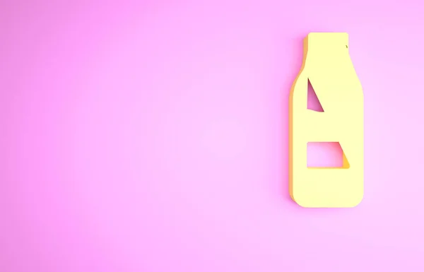 黄色封闭玻璃瓶与牛奶图标隔离在粉红色的背景 最低纲领的概念 3D渲染3D插图 — 图库照片