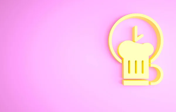 Gelbe Happy Hour Mit Hölzernem Bierkrug Symbol Auf Rosa Hintergrund — Stockfoto