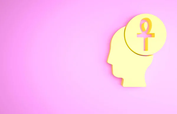 Gelbes Kreuz Ankh Symbol Isoliert Auf Rosa Hintergrund Minimalismus Konzept — Stockfoto