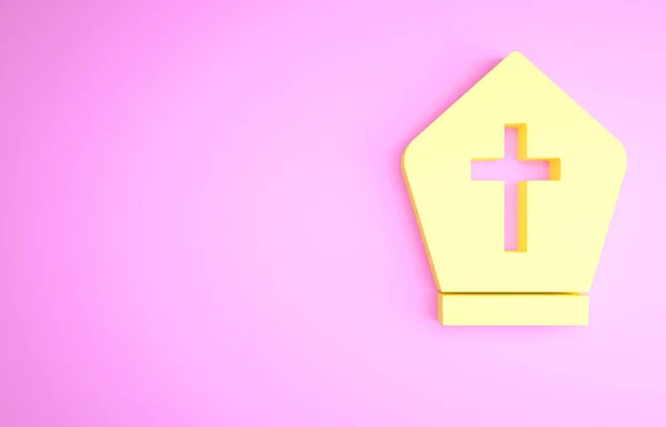 ピンクの背景に隔離された黄色の法王の帽子のアイコン クリスチャンの帽子のサイン 最小限の概念 3Dイラスト3Dレンダリング — ストック写真