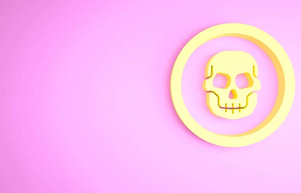 Yellow Mexican Skull Coin Icon Isolated Pink Background Minimalism Concept — Stock Photo, Image