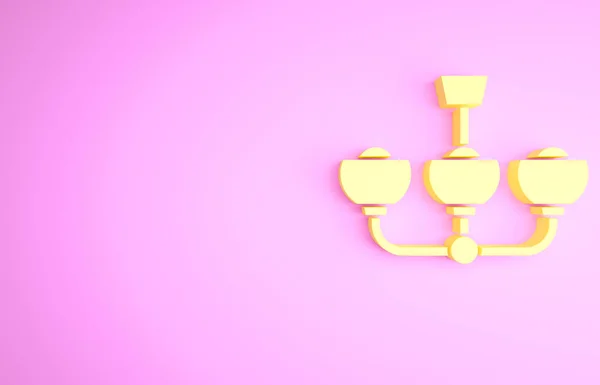 ピンクの背景に隔離された黄色のシャンデリアアイコン 最小限の概念 3Dイラスト3Dレンダリング — ストック写真