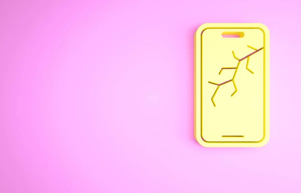 Smartphone Giallo Con Icona Dello Schermo Rotto Isolato Sfondo Rosa — Foto Stock