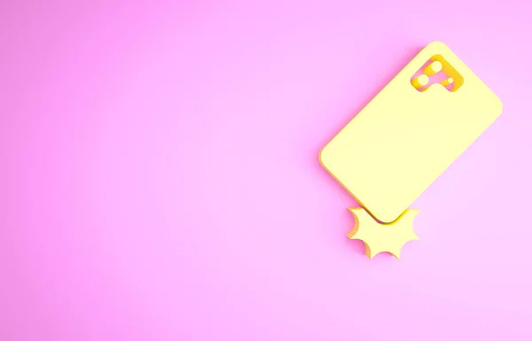 Amarelo Ícone Telefone Móvel Prova Choque Isolado Fundo Rosa Conceito — Fotografia de Stock