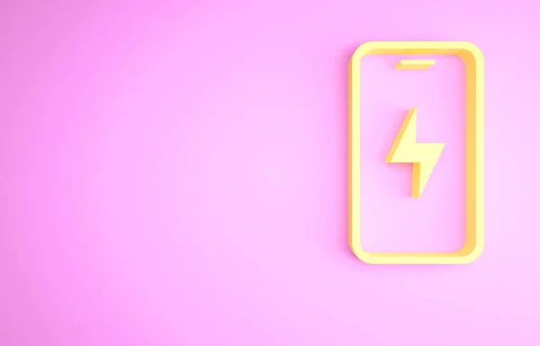 ピンクの背景に隔離された黄色のスマートフォン充電バッテリーアイコン バッテリー残量が少ない電話 最小限の概念 3Dイラスト3Dレンダリング — ストック写真