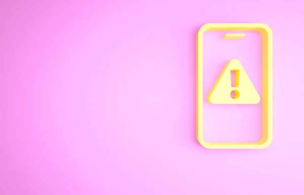 Gelbes Handy Mit Ausrufezeichen Symbol Isoliert Auf Rosa Hintergrund Alarmmeldung — Stockfoto