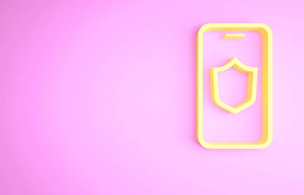 Yellow Smartphone Mobile Phone Security Shield Icon Isolated Pink Background — 스톡 사진