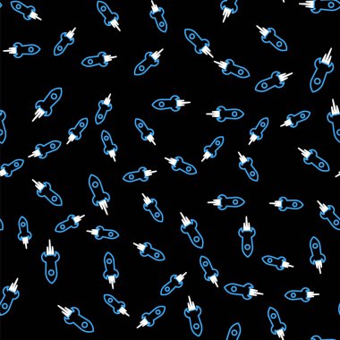 Ateş ikonlu çizgi roket gemisi siyah arka planda izole edilmiş. Uzay yolculuğu. Vektör