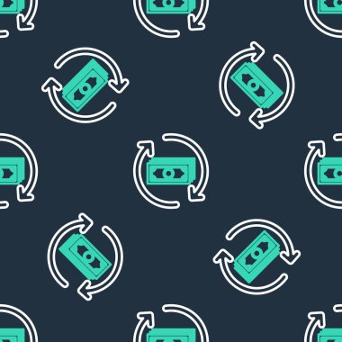 Çizgi Para İade simgesi siyah arkaplanda izole edilmiş kusursuz desen. Finansal hizmetler, nakit geri ödeme konsepti, para iadesi, yatırım dönüşü, tasarruf hesabı. Vektör