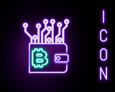Parlayan neon hattı Kripto para birimi cüzdanı simgesi siyah arkaplanda izole edildi. Cüzdan ve bitcoin işareti. Maden konsepti. Para, ödeme, nakit, ödeme ikonu. Renkli taslak konsepti. Vektör