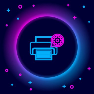 Parlayan neon hattı yazıcısı ve dişli simgesi siyah arkaplanda izole edildi. Uygulama, servis konsepti, ayar seçenekleri, bakım, onarım, onarım. Renkli taslak konsepti. Vektör