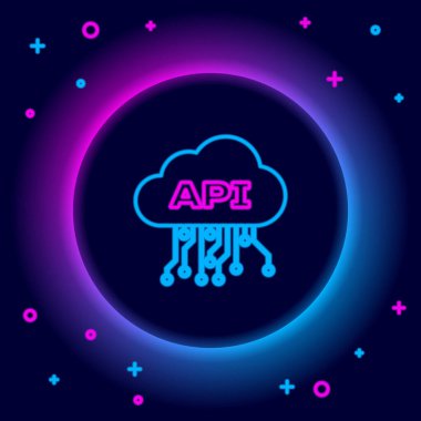 Parlayan neon hattı Cloud api arayüz simgesi siyah arkaplanda izole edildi. Uygulama programlama arayüzü API teknolojisi. Yazılım entegrasyonu Renkli taslak konsepti. Vektör