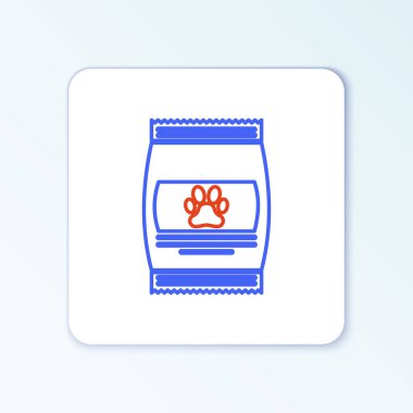 Beyaz arka planda izole edilmiş evcil hayvan ikonu için yiyecek torbası. Hayvanlar için yiyecek. Hayvan maması paketi. Köpek ya da kedi pençesi izi. Renkli taslak konsepti. Vektör