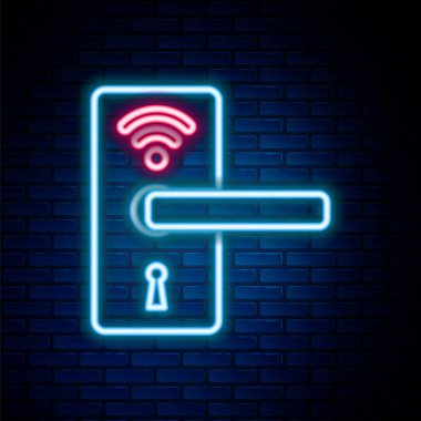 Parlak neon hattı dijital kapı kilidi. Kablosuz kablosuz anahtar ikonu, tuğla duvar arka planında izole edilmiş. Kapı kolu tabelası. Güvenlik akıllı ev. Renkli taslak konsepti. Vektör