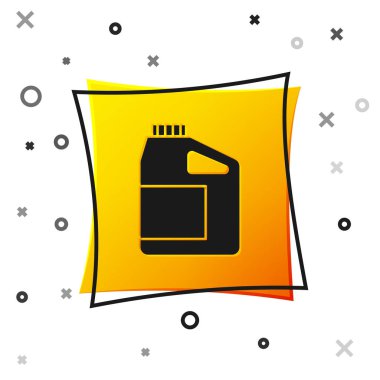 Beyaz arka planda izole edilmiş motor makine yağı ikonu için siyah kutu. Benzin bidonu. Yağ değiştirme ve onarım servisi. Motor yağı işareti. Sarı kare düğme. Vektör