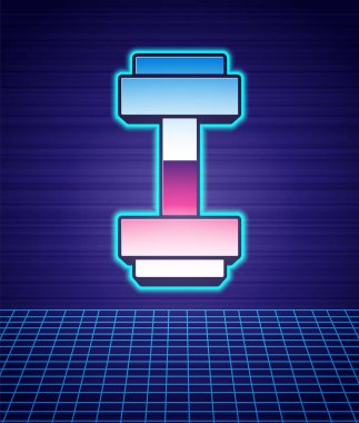Retro stili Dumbbell simgesi fütüristik manzara geçmişini izole etti. Kas kaldırma ikonu, fitness halteri, spor aletleri, egzersiz yaban domuzu. 80 'lerin moda partisi. Vektör