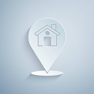 Kağıt kesikli harita işaretçisi ve gri arkaplanda ev simgesi var. Ev konumu belirleyici sembol. Kağıt sanatı tarzı. Vektör