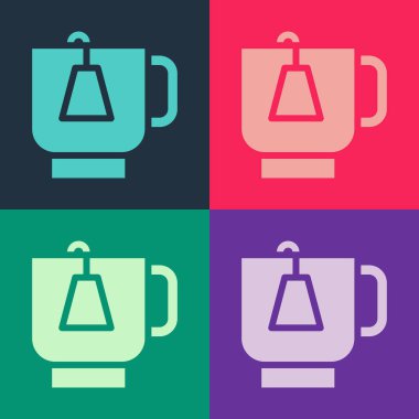 Çay poşeti ikonlu çay fincanı renkli arka planda izole edilmiş. Vektör