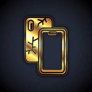 Siyah arkaplanda izole edilmiş kırık ekran simgesine sahip Altın Akıllı Telefon. Parçalanmış telefon ekranı simgesi. Vektör