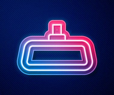 Parlak neon çizgili araba aynası ikonu mavi arka planda izole edildi. Vektör