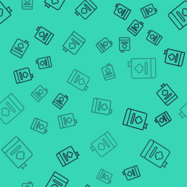 Siyah çizgi yemek kitabı simgesi yeşil arkaplandaki kusursuz deseni izole etti. Yemek kitabı ikonu. Yemek tarifi kitabı. Çatal ve bıçak ikonları. Çatal bıçak sembolü. Vektör