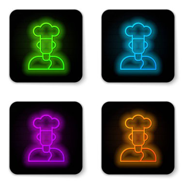 Parlayan neon hattı Cook simgesi beyaz arkaplanda izole edildi. Şef sembolü. Siyah kare düğme. Vektör