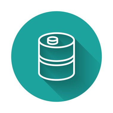 Beyaz çizgi Metal bira fıçısı ikonu uzun gölge arkaplan izole. Yeşil daire düğmesi. Vektör