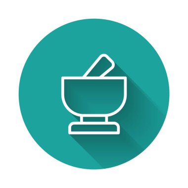 Beyaz çizgi havan ve tokmak simgesi uzun gölge arkaplan izole. Yeşil daire düğmesi. Vektör